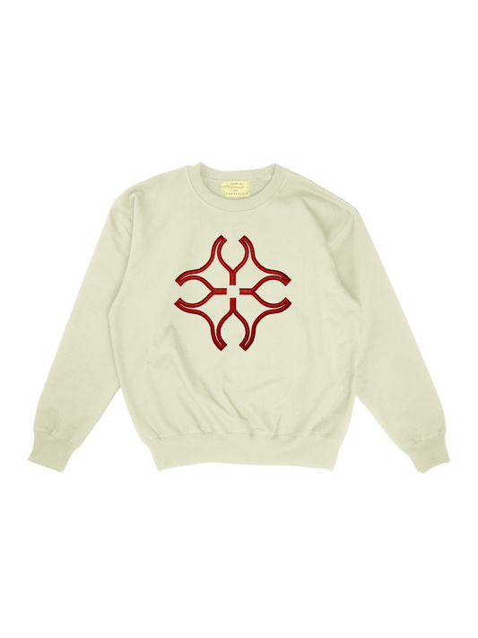 cream crewneck w/ red 3D embroidered
