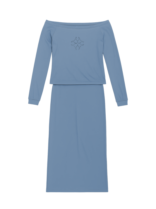 off shoulder + skirt blue jersey set