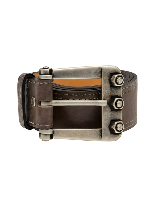 brown leather belt w/ custom buckle