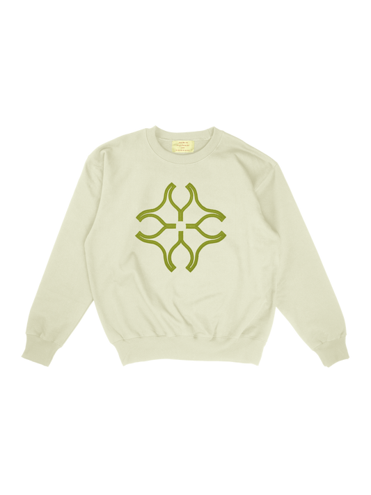 cream crewneck w/ green 3D embroidered