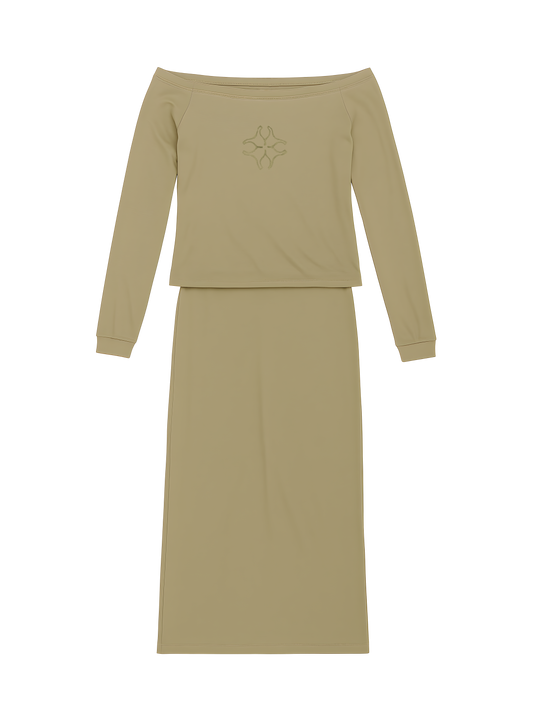 off shoulder + skirt beige jersey set